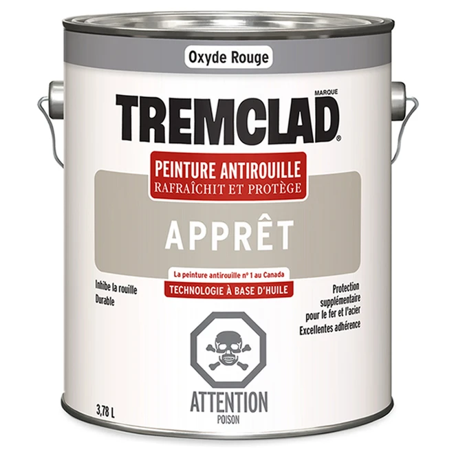 Apprêt Antirouille à Base D'huile Pour Métal Tremclad, Oxyde Rouge, Fini Lustré, 3,78 L 3 Apprêt Antirouille à Base D'huile Pour Métal Tremclad, Oxyde Rouge, Fini Lustré, 3,78 L