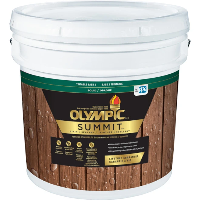 Teinture Et Scellant Deux-en-1 Olympic Summit, Opaque, Base 2, 11,3 L 3 Teinture Et Scellant Deux-en-1 Olympic Summit, Opaque, Base 2, 11,3 L