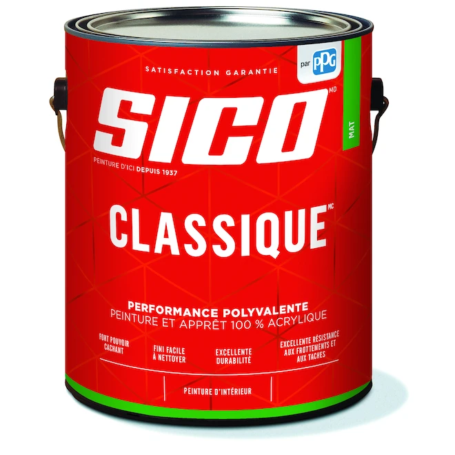 Peinture-apprêt D'intérieur 100% Acrylique Sico Classique, Blanc Teintable, Fini Mat, 3,78 L 3 Peinture-apprêt D'intérieur 100% Acrylique Sico Classique, Blanc Teintable, Fini Mat, 3,78 L